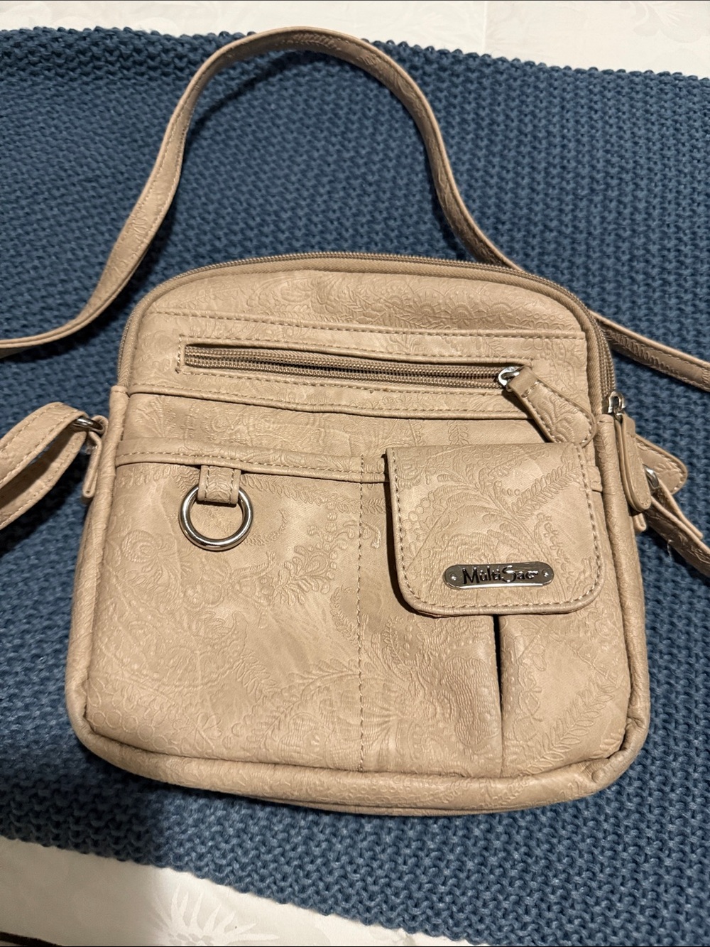 Mia & Dee Embossed Tan Crossbody Bag with Front Pocket